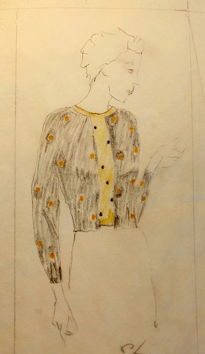 Sketch of my mother's golden and black polkadots twin set.